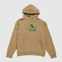 A tan pullover hoodie with a green graphic on the chest depicting a surfing gremlin walking and the text 'Surf Gremlin', shown against a light gray background.