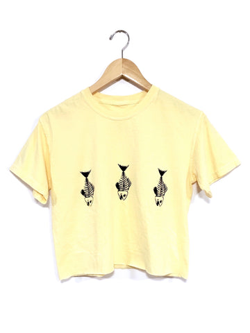 yellow fish bonez cropped tee. fish bones tee handprinted by the drift collective